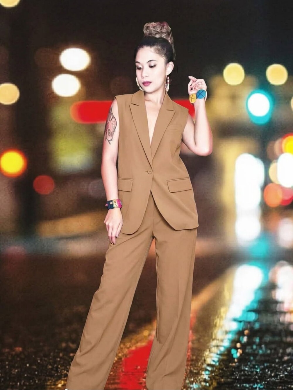 2pcs Khaki Stylish Elegant Vest With Matching Pants Set